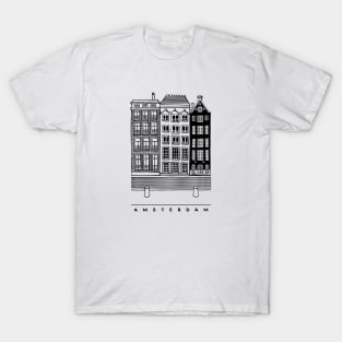 Three Amsterdam old houses, Netherlands. Realistic black and white illustration. T-Shirt